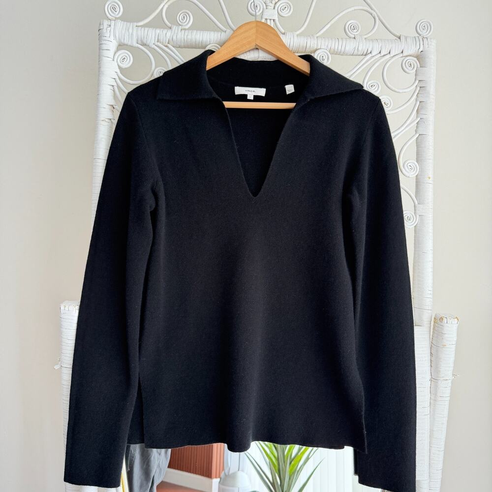 Vince Sweater Womens Small Black Wool Cashmere Collared Polo Minimalist‎ Luxury